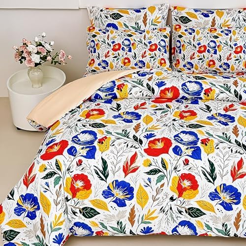lasoftan Floral Queen Comforter Set with Sheets, 7 piece Luxury Vintage Bedding, Soft Microfiber Bed in a Bag, Cozy Lightweight Bed Set, Blue Orange Flower