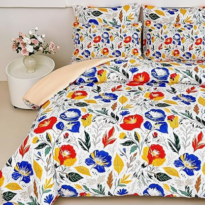 lasoftan Floral Queen Comforter Set with Sheets, 7 piece Luxury Vintage Bedding, Soft Microfiber Bed in a Bag, Cozy Lightweight Bed Set, Blue Orange Flower