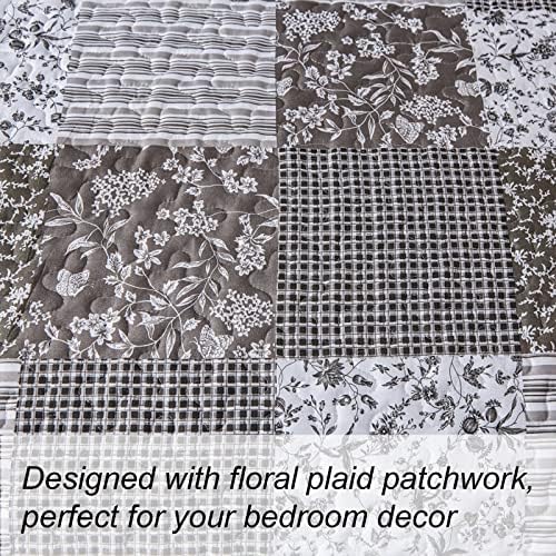 Mybedsoul Grey Boho Quilt King Size, Patchwork Floral Bedding Set