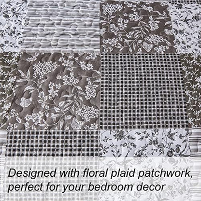 Mybedsoul Grey Boho Quilt King Size, Patchwork Floral Bedding Set
