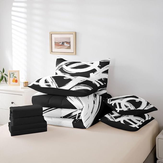 Erosebridal White Black Abstract 7 Piece Comforter Set Queen Geometric Simple Sketch Bedding Set Modern Graffiti Minimalist Line Comforter Cool Unique Fashion Sheet Set Contemporary Room Decor