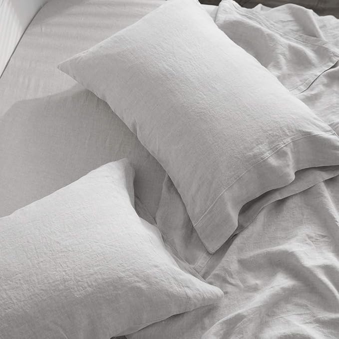 Simple&Opulence 100% French Linen Pillowcase King Size-Set of 2- Washed Solid Color Pillow Cases Embroidered -Soft and Durable (Grey, 20''x40'')