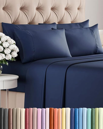 Queen 6 Piece Sheet Set - Comfy Breathable & Cooling - Ultra-Soft Hotel Luxury Bedding Set with 8-16 Inch Deep Pockets - 1 Flat & 1 Fitted Sheet & 4 Pillowcases - Wrinkle Free & Easy Care - Navy Blue