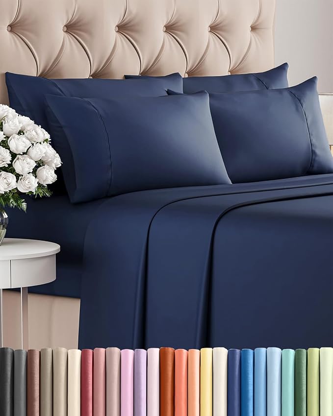 Full 6 Piece Sheet Set - Comfy Breathable & Cooling - Ultra-Soft Hotel Luxury Bedding Set with 8-16 Inch Deep Pockets - 1 Flat & 1 Fitted Sheet & 4 Pillowcases - Wrinkle Free & Easy Care - Navy Blue