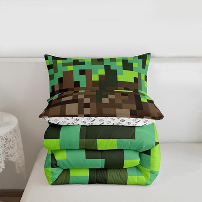 Miners Pixel Checked Comforter Set King Size,Video Games Check Lattice Kids Bedding Set,Game Cartoon Gamepad Quilt Comforter,Green Brown Duvet Insert,2 Pillowcases
