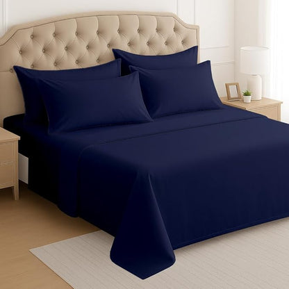 Mattress-Homes 6 Piece Cal King Size Sheet Set, Hotel Luxury Collection, 100% Egyptian Cotton, 18 Inch Deep Pocket Fitted Sheet, Soft & Cool, California King Size 6 Pcs Navy Blue Solid