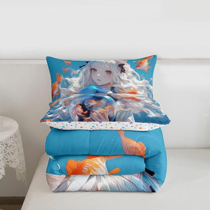 Erosebridal Japanese Girl Comforter 3D Printed Design Bedding Comforters & Sets for Kids Girls Boys - Anime Gifts, Cartoon Design Duvet Insert Kawaii Anime Girls Decorations Quilt Full 3Pcs