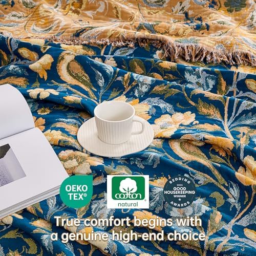 VANJOROY Boho Throw Blanket, 100% Organic Cotton Breathable Ultra Soft 50" x 60" Bed Quilt Blue Throw - All Season Bird Floral Rustic Farmhouse Decor Reversible Blanket for Couch Chair and Gift