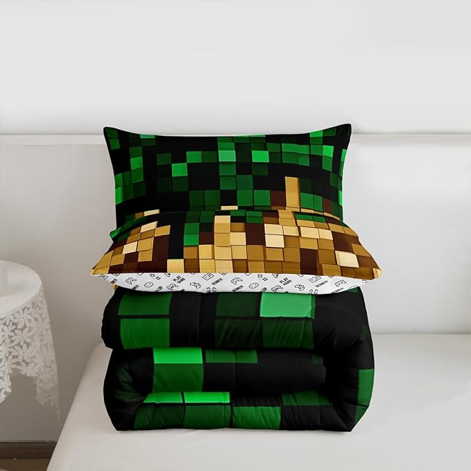 Pixelated Miners Blocks Kids Bedding Set Queen Size,Patchwork Square Video Games Comforter Set,Geometric Patchwork Grid Quilt Comforter,Green Yellow Bedroom Duvet Insert,2 Pillowcases