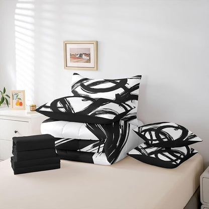 Erosebridal Black White Abstract 7 Piece Comforter Set Full Bed in A Bag Modern Graffiti Minimalist Line Bedding Set Simple Sketch Cool Unique Geometric Sheet Set Ink Painting Aesthetic Quilt