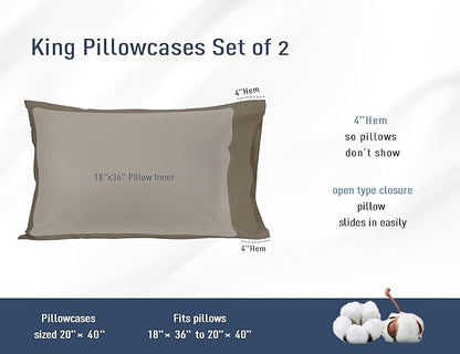 Pillow Cases, King Size Cotton Percale Weave Pillowcases, Pre-Shrunk Breathable and Hypoallergenic Pillowcases, Set of 2 (2 Piece King 20 Inch x 40 Inch, Taupe Gray)