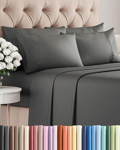 Full 6 Piece Sheet Set - Comfy Breathable & Cooling - Ultra Soft Hotel Luxury Bedding Set w/ 8-16 Inch Deep Pockets - 1 Flat & 1 Fitted Sheet & 4 Pillowcases - Wrinkle Free and Easy Care - Charcoal