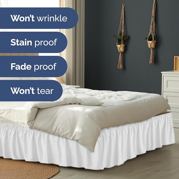 Wrap Around Dust Ruffle Bed Skirt - White - for King Size Beds with 24 Inch Drop - Easy Fit Elastic Strap - Adjustable Pleated Bedskirt w/Brushed Fabric - Wrinkle Free - for Women, Men, Kids & Teens