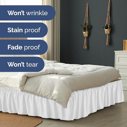 Wrap Around Dust Ruffle Bed Skirt - White - for King Size Beds with 21 Inch Drop - Easy Fit Elastic Strap - Adjustable Pleated Bedskirt w/Brushed Fabric - Wrinkle Free - for Women, Men, Kids & Teens