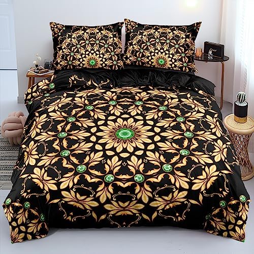 Golden Scrolls Print Duvet Cover and Pillow Shams Green Gems Deco for Girls and Boys Bedding Set Queen Size Black Color Bed Sets