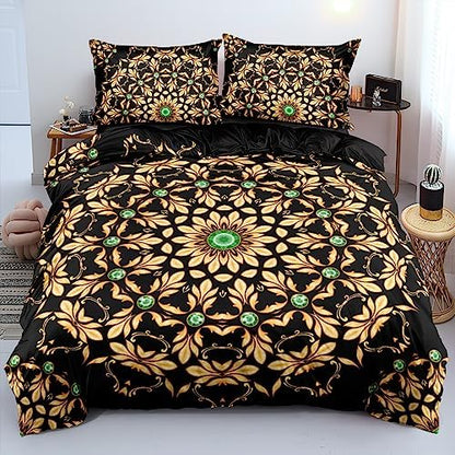 Golden Scrolls Print Duvet Cover and Pillow Shams Green Gems Deco for Girls and Boys Bedding Set Queen Size Black Color Bed Sets