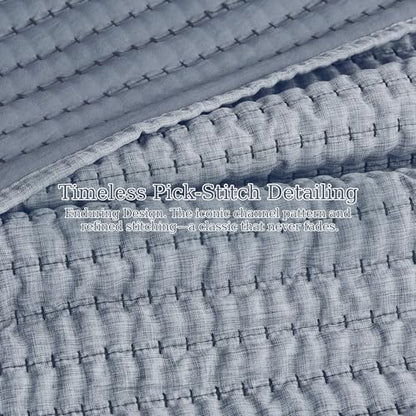 WDCOZY Chambray Blue King Size Pick Stitch Quilt Set 3 Pieces 104x90 inches