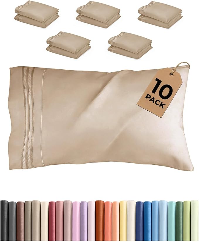 Queen Pillow Cases Set of 10 - Ultra Soft Hotel Quality Pillowcase Covers - Comfy & Wrinkle Free - Shrink, Stain and Fade Resistant - Easy-Care, Machine Washable Pillow Protectors - 10 Pcs Set - Cream