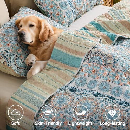 Qucover Boho Quilts Queen Size Bedding Set, Teal Blue