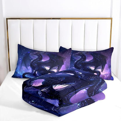 Black Dragons Bedding Set Outer Space Starry Sky Comforter Set Twin Size Western Castle Fairy Dragons Comforter 3D Animals Dragon Bed Set for Kids Boys Teens Women Decor Black Purple