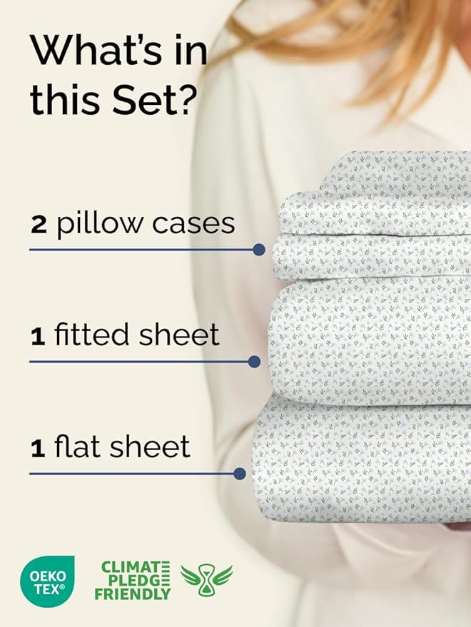 Floral Sheets - Flower Print Bed Sheet Set - 1 Flat, 1 Fitted & 2 Pillowcases w/ Deep Pockets - Comfy, Cozy, Wrinkle & Fade Free - Boho Botanical Bedding - Soft, Breathable & Cooling - Queen Size Set