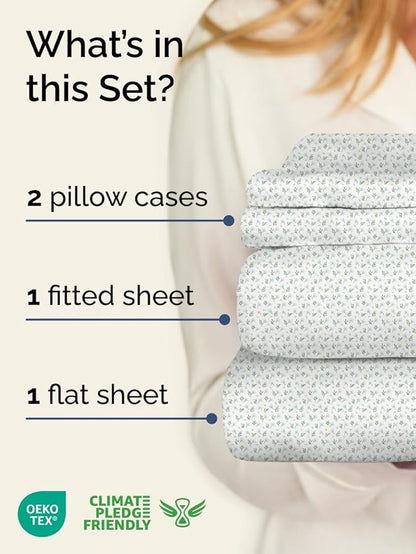 Floral Sheets - Flower Print Bed Sheet Set - 1 Flat, 1 Fitted & 2 Pillowcases w/ Deep Pockets - Comfy, Cozy, Wrinkle & Fade Free - Boho Botanical Bedding - Soft, Breathable & Cooling - Queen Size Set