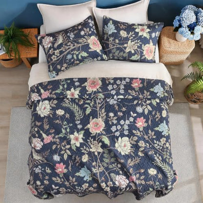 Litanika Floral Ocean Blue Quilt King - 3Pcs Botanical Birds Bedding Set