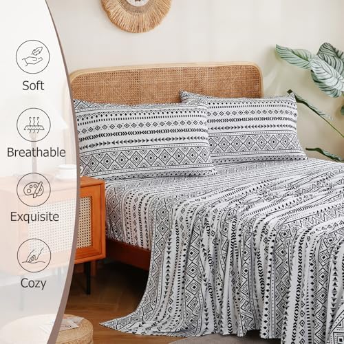 CozySmile King Size Sheet Set 4 Piece,Soft & Breathable Bedding Deep Pocket 16" Cooling Wrinkle Free Comforter Bed Set Western Sheets Geometric(King, Black White Geometric)