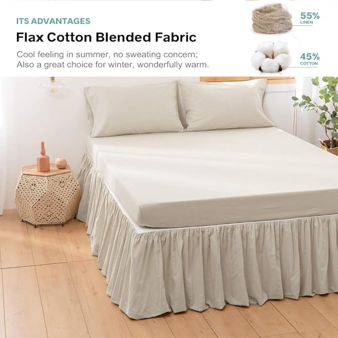 BISELINA French Linen Bed Skirt with Pleated Frills 14-Inch Tailored Drop Natural Flax Cotton Blend Dust Ruffle Soft Cozy Farmhouse Bedding (14" Full, Linen)