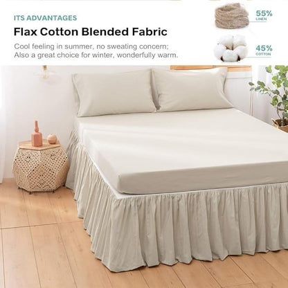 BISELINA French Linen Bed Skirt with Pleated Frills 14-Inch Tailored Drop Natural Flax Cotton Blend Dust Ruffle Soft Cozy Farmhouse Bedding (14" Full, Linen)