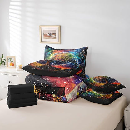 Colorful Life Tree Bedding Set,Outer Space Galaxy Starry Queen Comforter Set with Sheets for Boys Girls Teens Room Decor,Exotic Bohemia Tree of Life Bed in a Bag 7 Piece for Bedroom Living Room