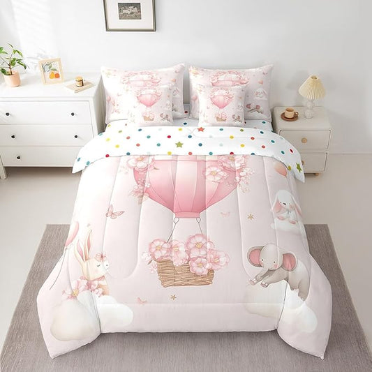 Pink Floral Hot Air Balloon Comforter Set King Size,Cute Animal Rabbit Elephant Bed Set 7pcs with Comforter,Fitted Sheet,Flat Sheet,2 Pillowcases,2 Throw Pillow Covers,Butterfly Bedding Set