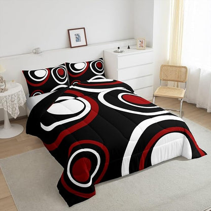Erosebridal Red Black Striped King Bedding Set Modern Circle Abstract Comforter Set for Adult Women Men Contemporary Graffiti Lines Bed Collections Minimalists Aesthetic Boho Duvet Quilt Sets