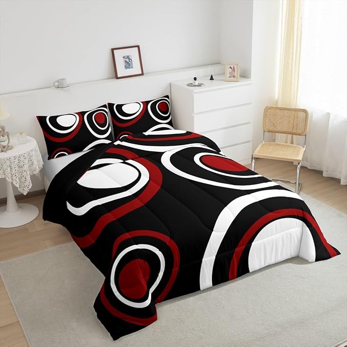Erosebridal Red Black Striped Twin Bedding Sets for Adult Women Men Modern Circle Abstract Comforter Set Contemporary Graffiti Lines Quilt Duvet Set Minimalists Aesthetic Boho Bedding Collections