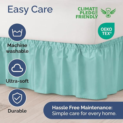 Wrap Around Dust Ruffle Bed Skirt - Spa Blue - Twin/Twin XL Size Beds with 24 Inch Drop - Easy Fit Elastic Strap - Adjustable Pleated Bedskirt w/Brushed Fabric Wrinkle Free - Women, Men, Kids & Teens