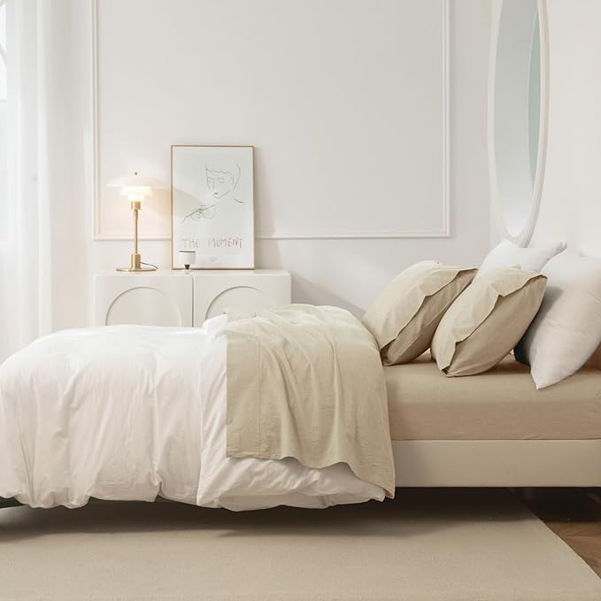 JIYUAN Queen Size Sheet Set, 4-Piece - 100% Washed Cotton, Linen-Like Soft & Breathable, Includes Deep Pocket Fitted & Flat Sheet with 2 Pillowcases, Hotel Quality, Heathered Tan