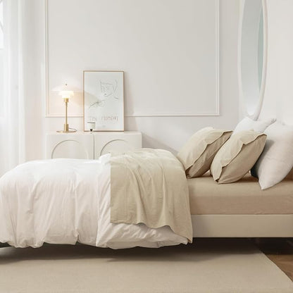 JIYUAN Queen Size Sheet Set, 4-Piece - 100% Washed Cotton, Linen-Like Soft & Breathable, Includes Deep Pocket Fitted & Flat Sheet with 2 Pillowcases, Hotel Quality, Heathered Tan