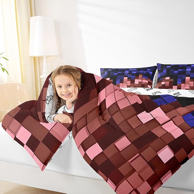 Pixelated Miners Game Comforter Set King Size,Geometric Check Video Games Kids Bedding Set,Gamepad Grid Gaming Quilt Comforter,Blue Red Duvet Insert,2 Pillowcases