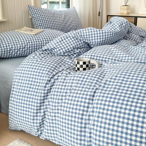 LifeTB Blue Gingham Comforter Set Full Size Modern Checkered Plaid Comforter Set 3 Pieces Blue Grid Bed Comforter with 2 Pillowcases Soft Fluffy Farmhouse Grid Plaid Bedding Set for All Seasons