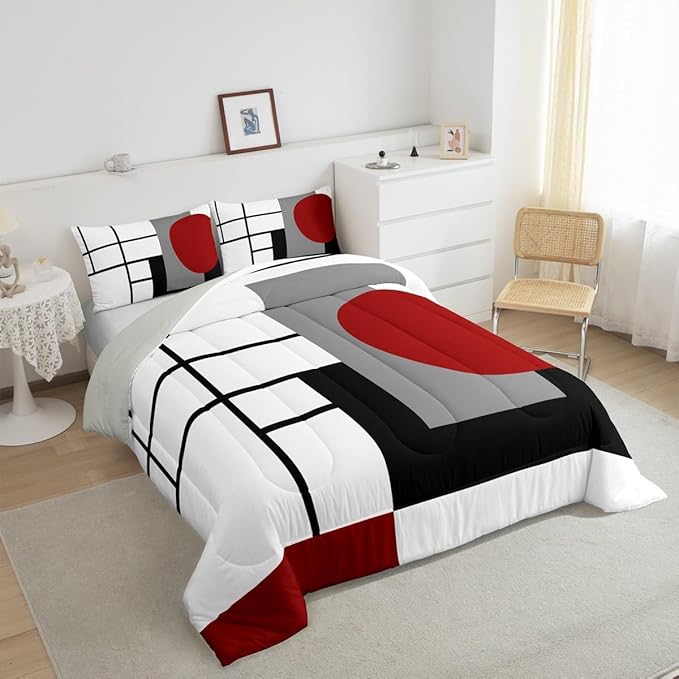 Erosebridal White Black Red Striped Bedding Set Full Size Boho Modern Geometric Abstract Comforter Set for Adult Women Men Stripes Lines Bed Sets Minimalist Square and Circle Duvet Quilt Sets