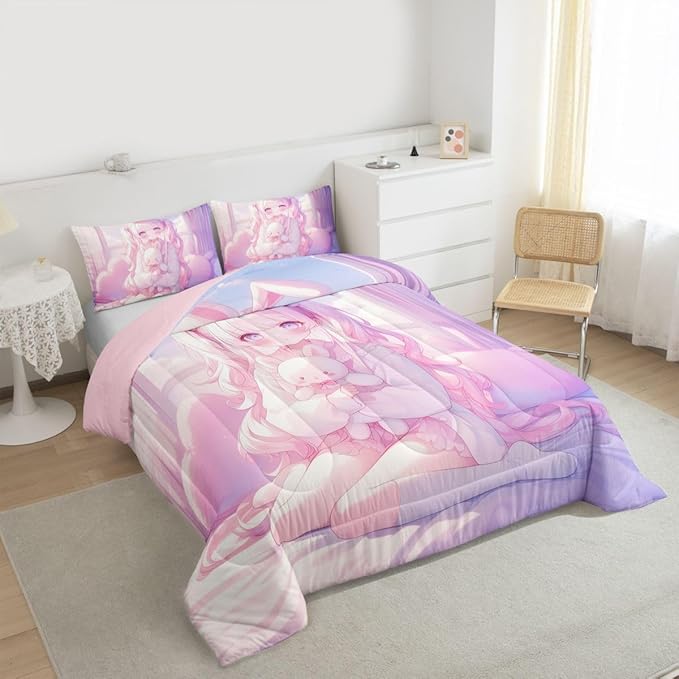 Erosebridal Romance Girly Comforter Set for Kids Boys Girls Anime Girl Bedding Japanese Girl Duvet Set Cute Cartoon Bear Comforter King with 2 Pillowcases