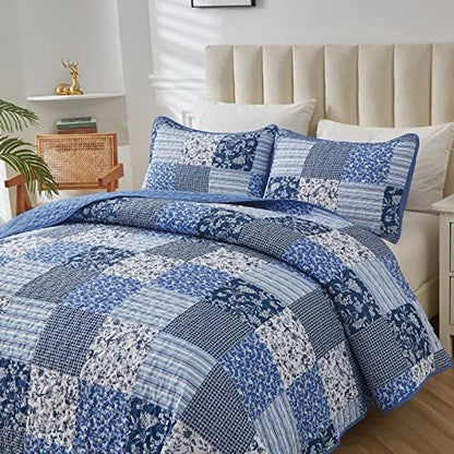 Mybedsoul King Size Quilt, Boho Patchwork Floral Bedding Set, Blue