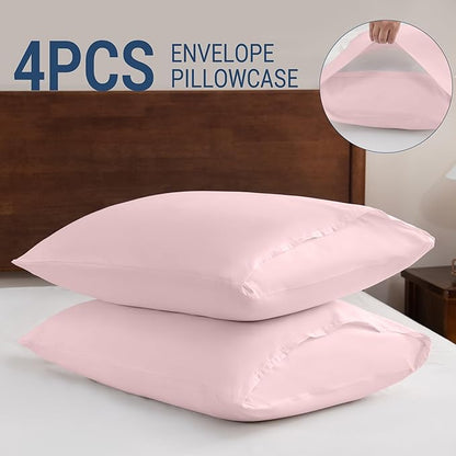 Pillowcases Standard 4 Pack, 20x26 Pillow Cases with Envelope Closure, Soft Plain Brushed Microfiber Covers Breathable Wrinkle-Resistant, Pink