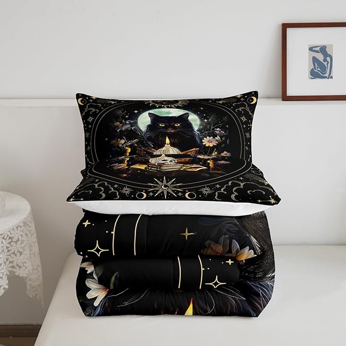 Trippy Cat Comforter Set Twin Size,Sun and Moon Kids Bedding Set Gothic Sugar Skull Crow Print Quilt Set for Girls Boys Adult Room Decor,Exotic Daisy Floral Duvet Insert,1 Pillowcase,Black