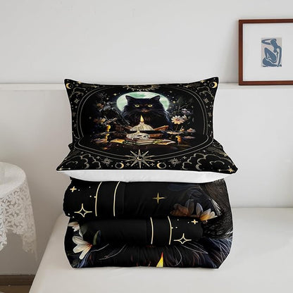 Trippy Cat Comforter Set Twin Size,Sun and Moon Kids Bedding Set Gothic Sugar Skull Crow Print Quilt Set for Girls Boys Adult Room Decor,Exotic Daisy Floral Duvet Insert,1 Pillowcase,Black