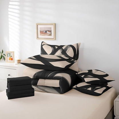 Erosebridal Abstract Modern Black Beige 7 Piece Comforter Set King Bed in A Bag Neutral Minimalist Lines Bedding Set for Boys Men Geometric Sheet Set Contemporary Art Simple Quilt Room Decor