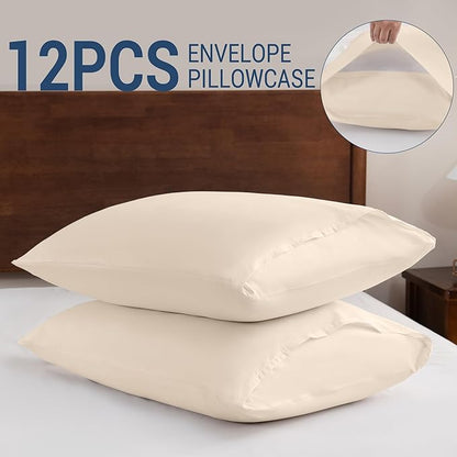 Pillowcases Queen 12 Pack, 20x30 Pillow Cases with Envelope Closure, Soft Plain Brushed Microfiber Covers Breathable Wrinkle-Resistant, Beige