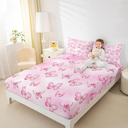 Erosebridal Pink Butterfly Queen Bed Sheets 3D Pink Dreamy Butterfly Fitted Sheet,Colorful Ink Stick Printing Kids Bedding Sets All Season Microfiber Sheets with 2 Pillowcases