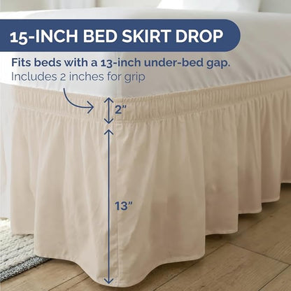 Wrap Around Dust Ruffle Bed Skirt - Wheat - for Queen Size Beds w/ 15 Inch Drop - Easy Fit Elastic Strap - Adjustable Pleated Bedskirt w/Brushed Fabric - Wrinkle Free - for Women, Men, Kids & Teens