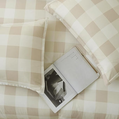 Andency Beige Grid Comforter Set Full Size (79x90 Inch), 3 Pieces(1 Grid Comforter and 2 Pillowcases), Summer Lightweight Microfiber Down Alternative Beige Comforter